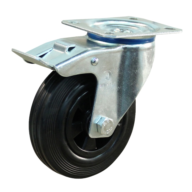 Zwenkwiel Zwart Rubber Met Rem - 125MM MAX.100KG